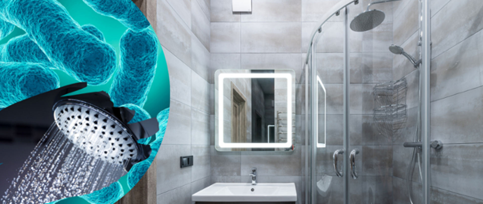 Po lewej stronie bakterie z rodzaju Legionella oraz głowica prysznicowa. Po prawej stronie widok szarej łazienki z umywalką i lustrem oraz kabiną prysznicową.
