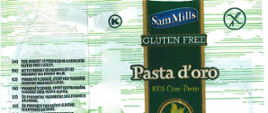 Sam Mills GLUTEN FREE Pasta d'oro 100% Corn Pasta Fusilli - biało zielone opakowanie, biały talerz z makaronem