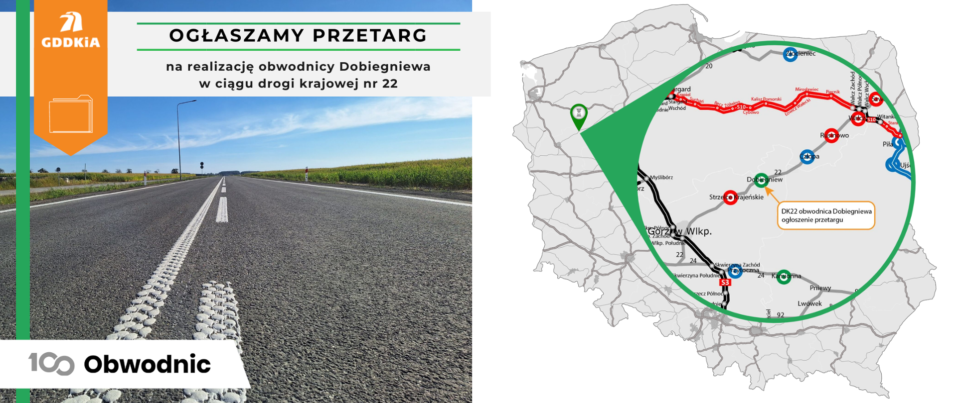 Grafika ze zdjęciem drogi i mapą z lokalizacją inwestycji