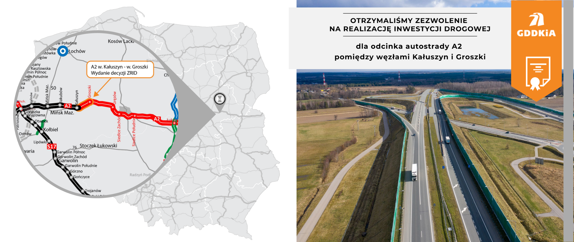 Infografika dot. wydanej decyzji ZRID dla odcinka A2 Kałuszyn - Groszki