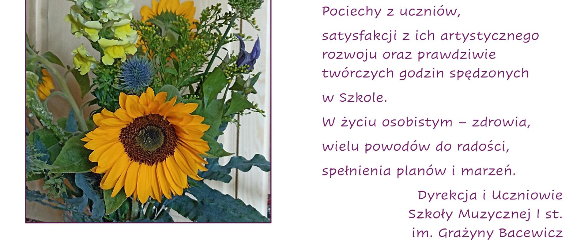 Na białym tle, z lewej strony zdjęcie jesiennego bukietu kwiatów, z prawej strony tekst życzeń z okazji Dnia Edukacji Narodowej.