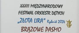 Brązowe Pasmo w kategorii przesłuchań konkursowych otrzymała Orkiestra Dęta Państwowej Szkoły Muzycznej drugiego stopnia imienia profesora Józefa Świdra w Jastrzębiu Zdroju Dyrygent Emilia Głombica w trzydziestym trzecim Międzynarodowym Festiwalu Orkiestr Dętych ZŁOTA LIRA w Rybniku dnia szesnastego czerwca dwa tysiące dwudziestego czwartego roku.