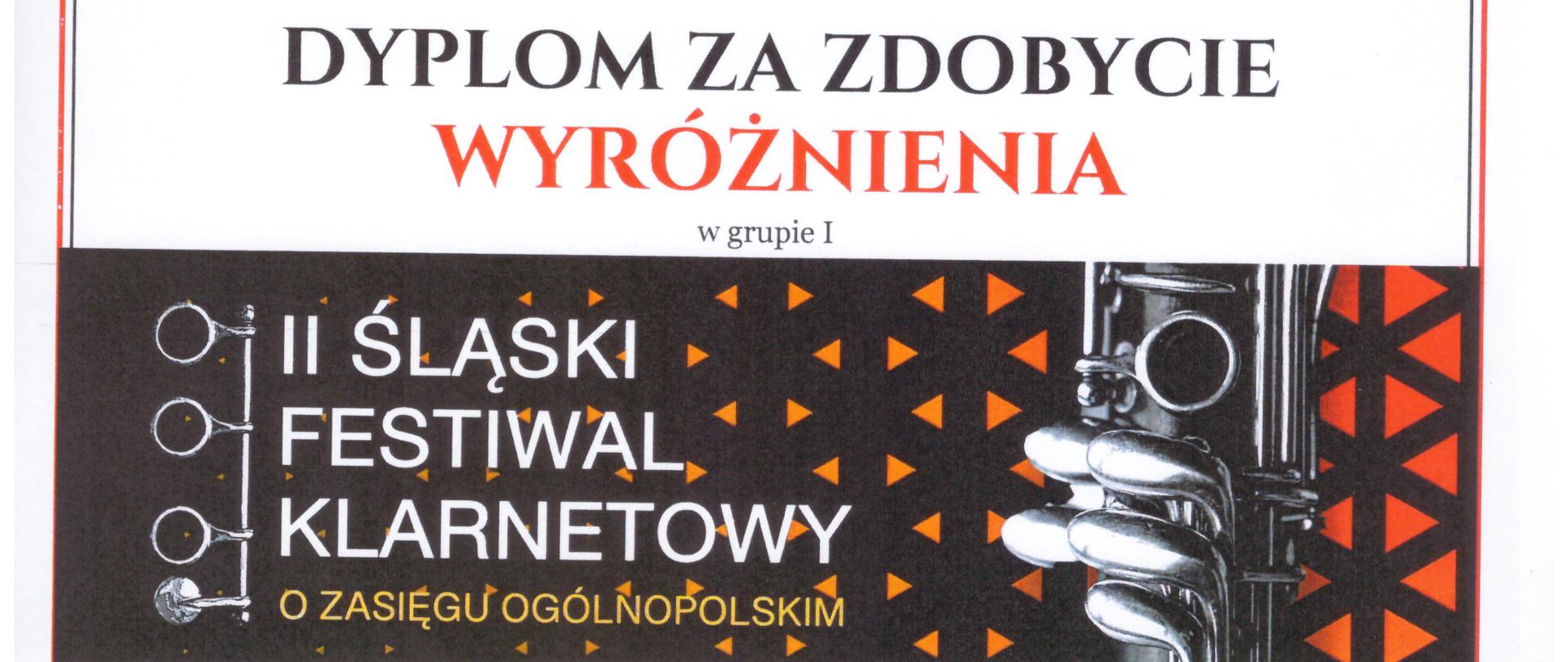 Na białym tle informacja o zdobyciu wyróżnienia , po środku czarny pasek z klarnetem