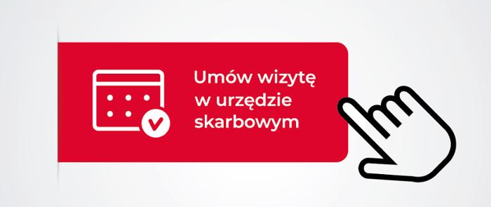 Grafika z symbolicznym kalendarzem i wskazującą dłonią. Napis: Umów wizytę w urzędzie skarbowym.