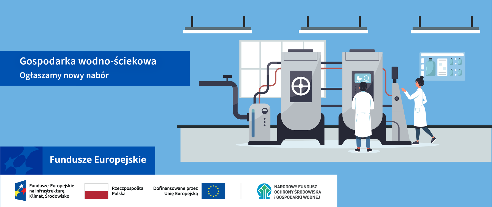 Grafika do naboru na dofinansowanie projektów wspierających ochronę wód, zrównoważoną gospodarkę wodną i oczyszczanie ścieków, grafika przedstawia pracowników monitorujących urządzenia systemów zarządzania sieciami wodociągowo-kanalizacyjnymi