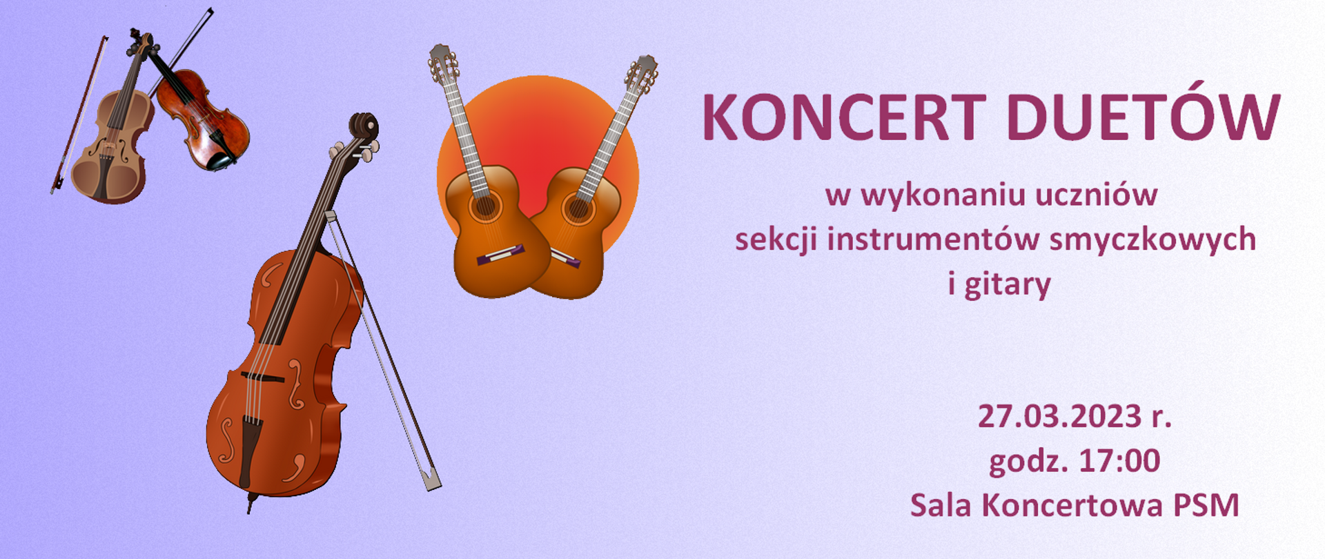 baner: po lewej stronie rysunki i zdjęcia instrumentów strunowych, po prawej dane na temat koncertu