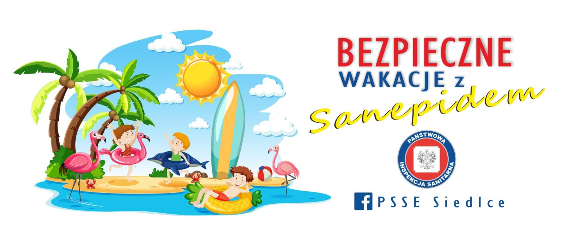 Bezpieczne wakacje z sanepidem - wyspa z plażą i palmami a na niej bawiące się dzieci