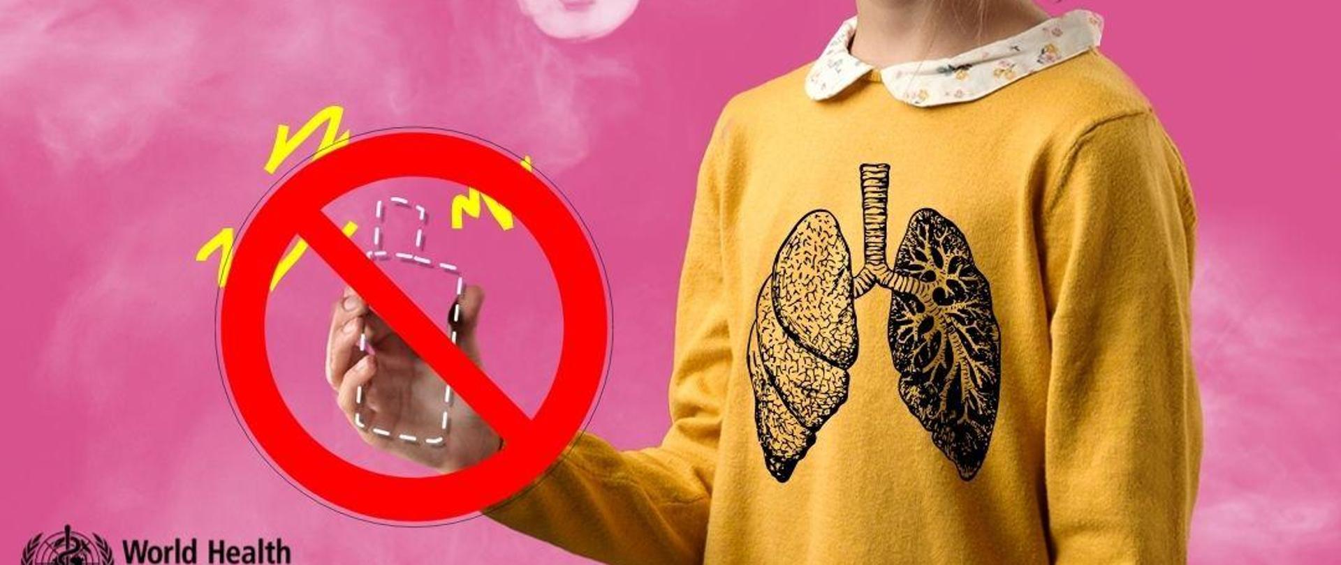 Grafika na różowym tle, w centralnym punkcie dziewczynka w żółtej bluzce z nadrukiem płuc - jedno zdrowe, drugie palacza. Trzyma w dłoni przekreślonego e-papierosa, z ust wydmuchuje dym. U góry logo Inspekcji Sanitarnej i napis "Światowy Dzień bez Tytoniu 31 maj 2024 r., na dole logo WHO.