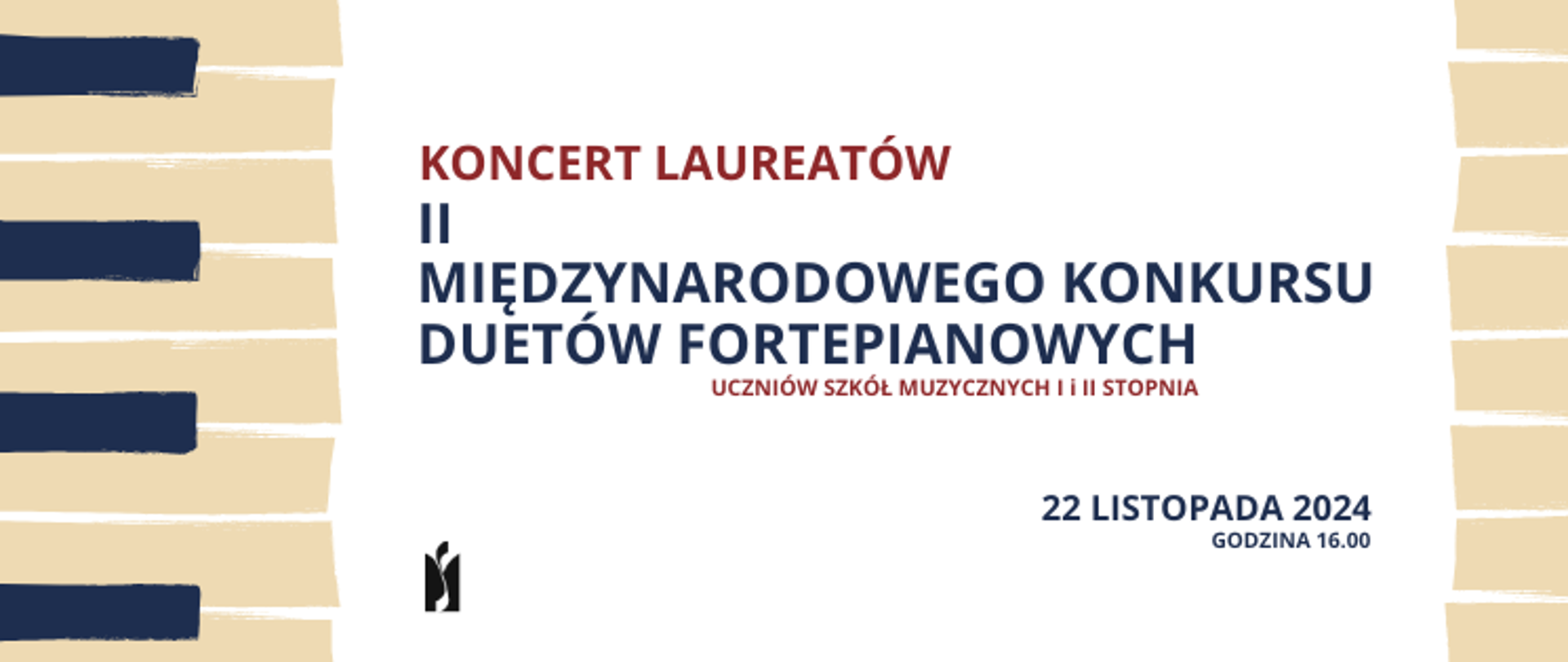 Na jasnomorelowego tła plakatu po prawej i lewej jego stronie umieszczona jest grafika fortepianowej klawiatury gdzie białe klawisze maja odcień różowy. W głównej części plakatu umieszczone są czarną drukowaną czcionką nazwa i przeznaczenie wiekowe uczestników konkursu. poniżej po lewej stronie logo organizatora a po prawej stronie data i godzina koncertu.