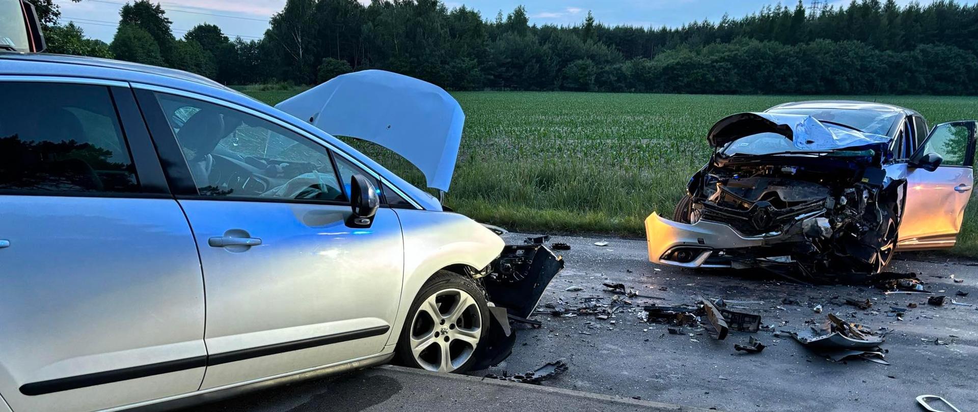 Zdjęcie przedstawia dwa rozbite pojazdy z uszkodzonymi przodami. Samochody stoją na drodze skierowane przodami do siebie.