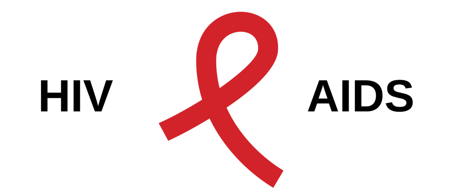 Grafika, na której widnieje napis HIV oraz AIDS. Między wyrazami znajduje się charakterystyczna czerwona wstążka. Tło jest koloru białego.