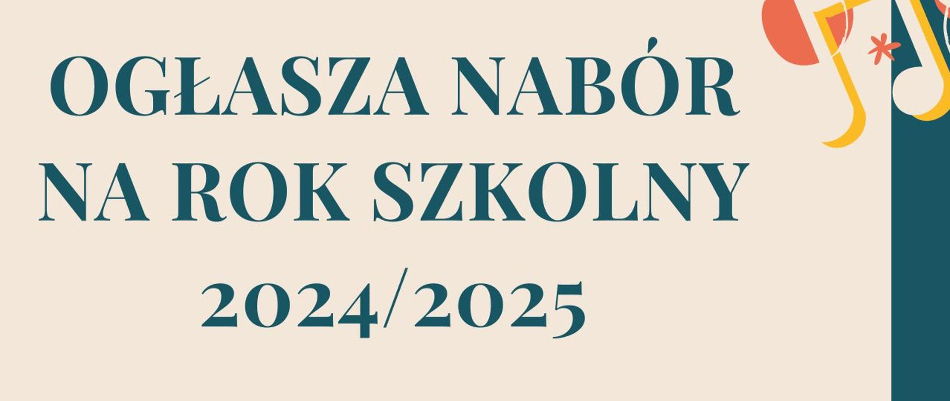 
Plakat ogłasza nabór do Państwowej Szkoły Muzycznej I stopnia numer 1 w Kędzierzynie-Koźlu na rok szkolny 2024/2025. Znajduje się na nim zapytanie, czy ktoś kocha muzykę i chce grać na instrumencie, po czym wymienia oferowane instrumenty: fortepian, skrzypce, altówkę, wiolonczelę, kontrabas, gitarę, flet, klarnet, saksofon, trąbkę, puzon, akordeon i perkusję. Podane są dane kontaktowe szkoły, w tym numer telefonu i adres email. Całość oprawiona jest w estetykę nawiązującą do muzyki z nutami i kluczami wiolinowymi, a także grafiką celebrującą 60-lecie szkoły.