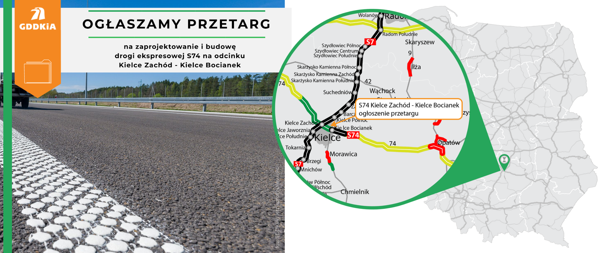 Infografika informująca o ogłoszeniu przetargu na zaprojektowanie i budowę S74 Kielce Zachód - Kielce Bocianek. Po lewej stronie zdjęcie drogi. Zbliżenie na nawierzchnię asfaltową. Widoczny namalowany biały pas wydzielający pas jezdni. W tle las i ogrodzenie oddzielające drogę. Po prawej mapa z zaznaczonym odcinkiem, którego przetarg dotyczy.