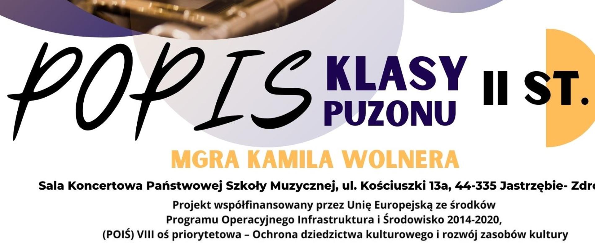 Plakat informacyjny dotyczący popisu klasy puzonu II st.mgr Kamila Wolnera odbywającego się w dniu 11.12.2024 o godz. 17.45.