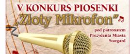 Plakat informujący o V edycji Konkursu Piosenki Złoty Mikrofon w dniach 28 lutego do 2 marca 2023. Na plakacie, który posiada bezowo - różowe tło znajduje się złoty mikrofon oraz tańczące dzieci. 