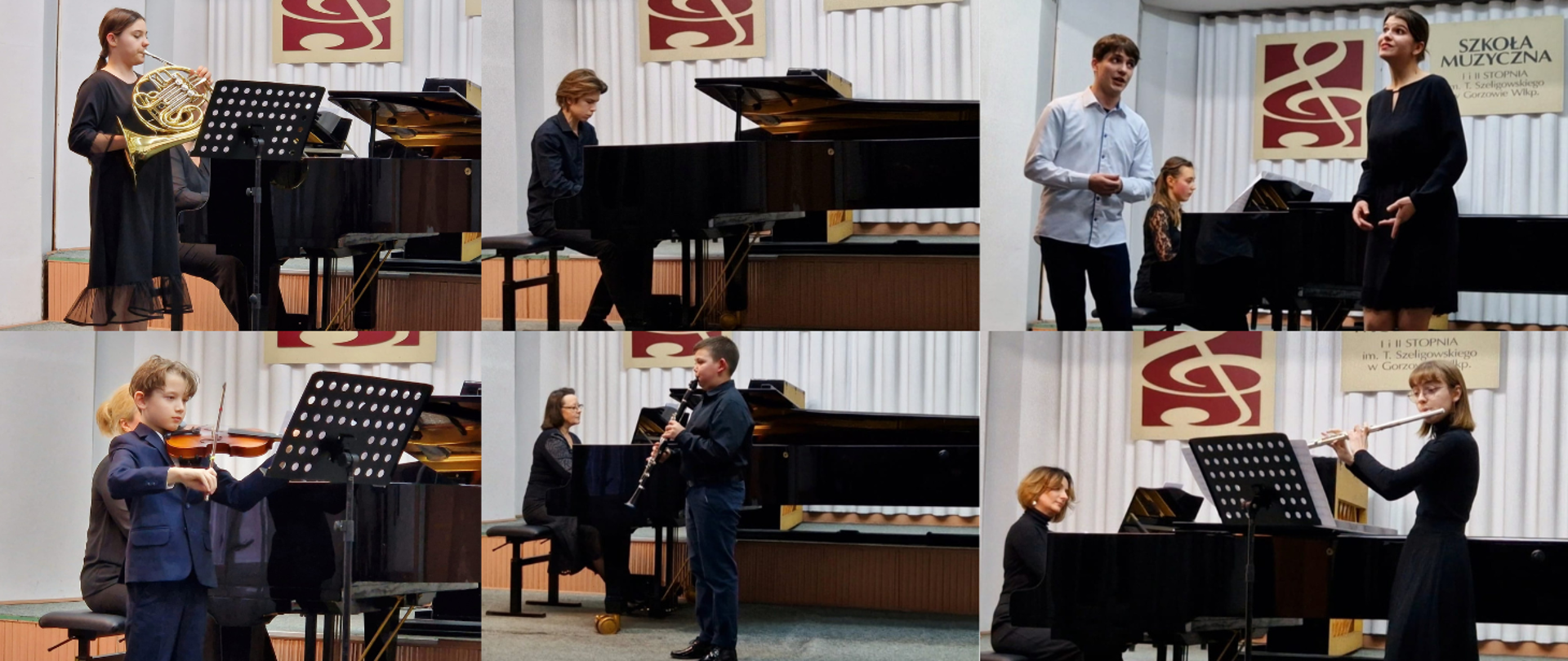 Kolaż sześciu zdjęć - wykonawców koncertu Lubimy muzykować. Od lewej u góry: waltornistka, pianista, para wokalistów. Na dole: skrzypek. klarnecista, flecistka