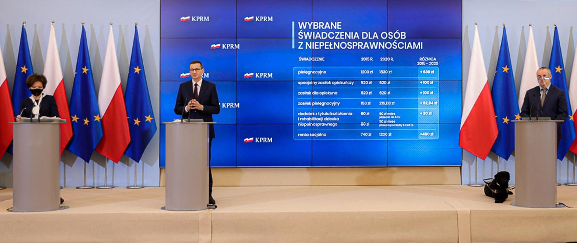 Konferencja prasowa. Przemawia premier Mateusz Morawiecki, obok minister Marlena Maląg i sekretarz stanu Paweł Wdówik.