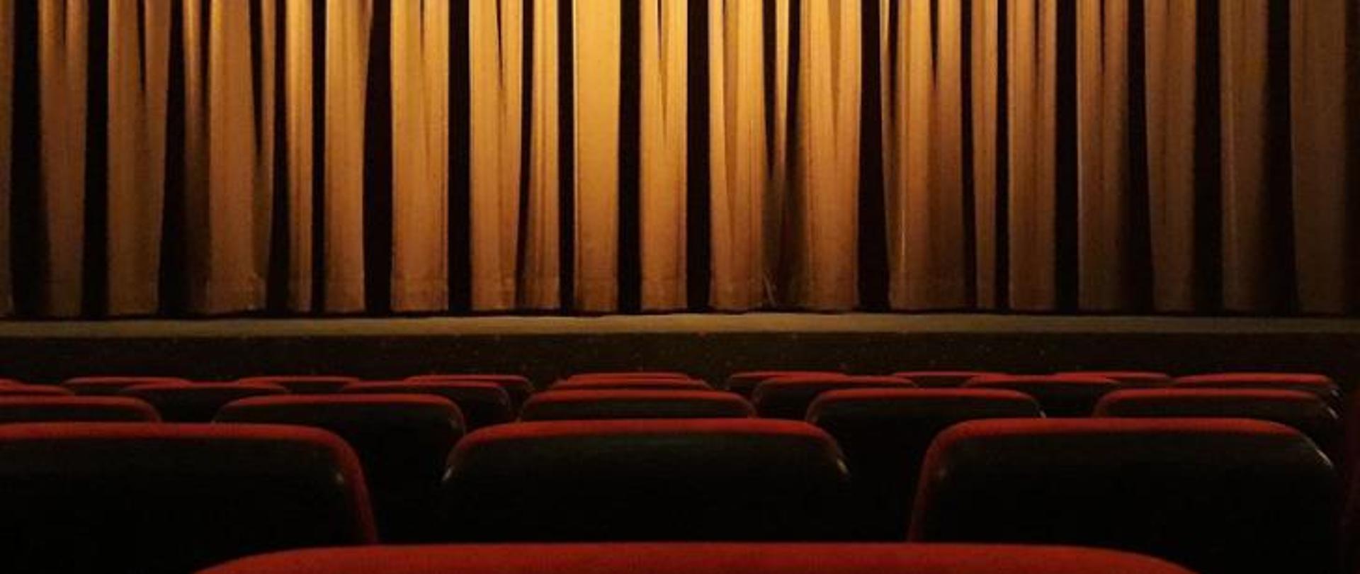 Na zdjęciu widoczna jest scena teatru, na której znajduje się zasłonięta kurtyna. Ponadto widoczne są miejsca siedzące.