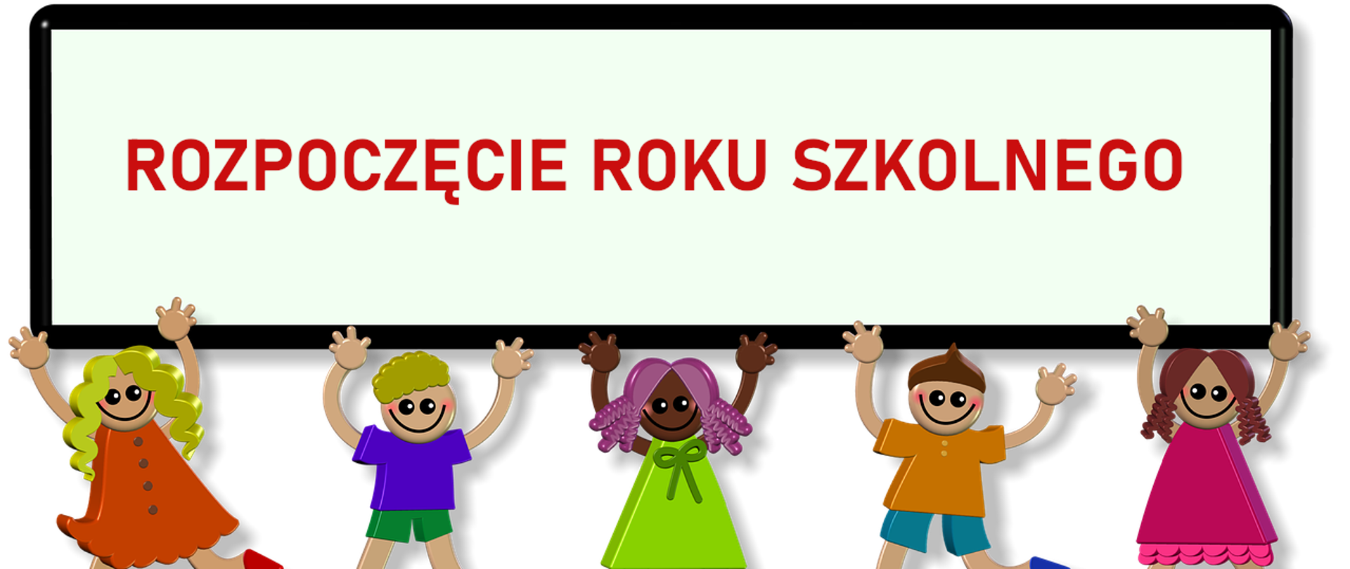 Na zdjęciu dzieci trzymają baner. Napis w kolorze czerwonym - rozpoczęcie roku szkolnego. 