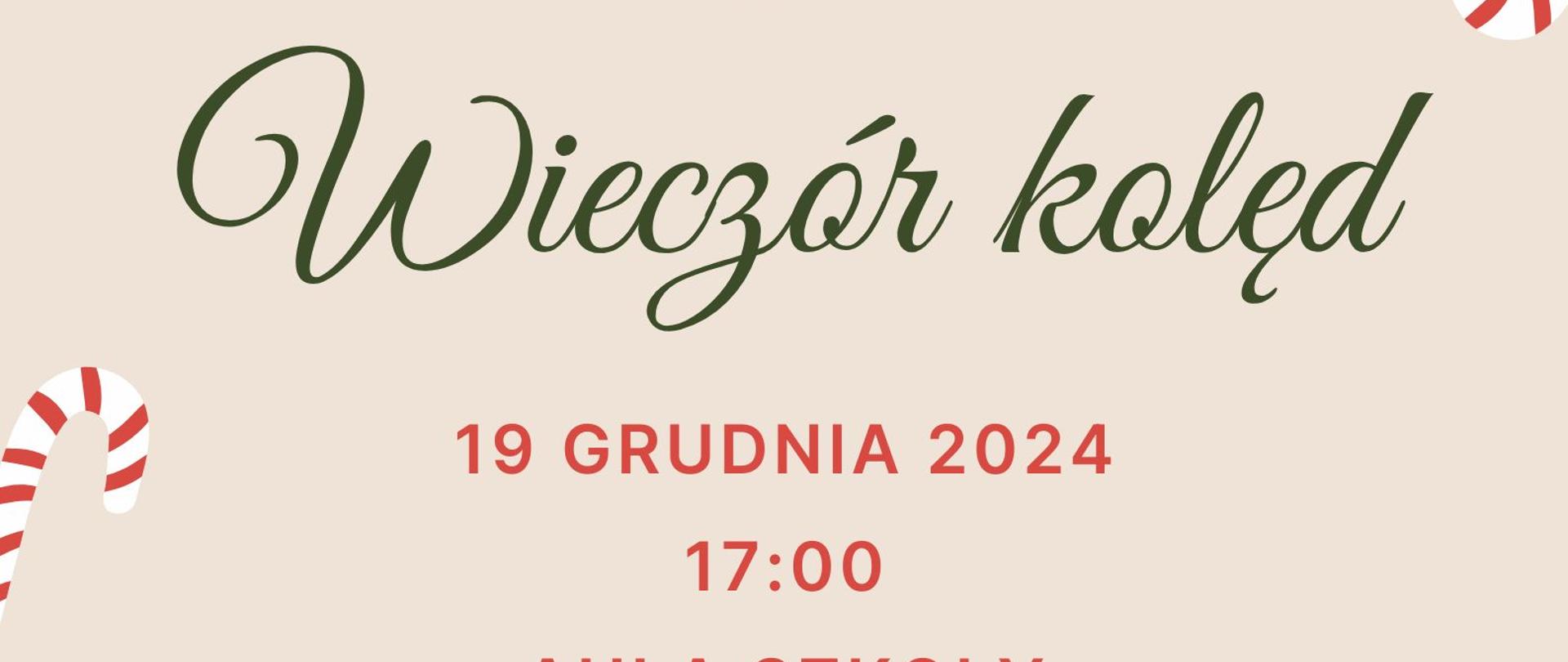 czerwone i zielone litery na beżowym tle, na dole plakatu z lewej strony czarny fortepian po prawej stronie skrzypce, plakat ozdobiony świątecznymi gałązkami, prezentami, cukrowymi laskami, nutkami