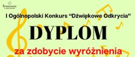 Zdjęcie przedstawia dyplom wyróżnienia uzyskany przez uczennicą Sonię Taterkę. W tle dyplomu nuty i klucze wiolinowe. W centralnej części dyplomu znajduje się zdjęcie laureatki.