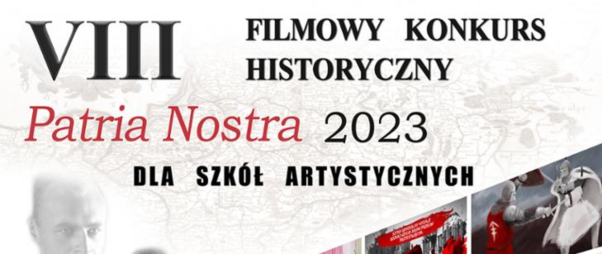 Plakat biało czerwony Konkursu Patria Nostra 2023 z postaciami znanych Polaków i informacją o konkursie.