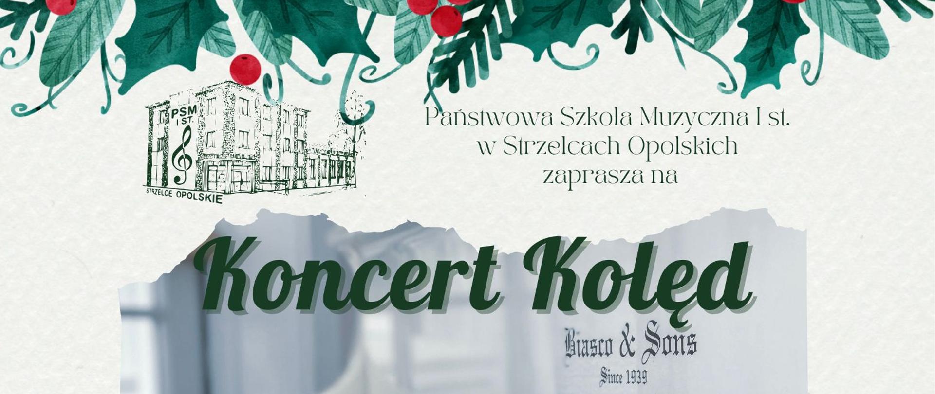 Koncert kolęd w wykonaniu uczniów fortepianu dodatkowego p. Małgorzaty Pencko, 21 stycznia godz. 17:15, zdjęcie fortepianu, logo szkoły.