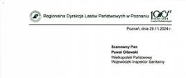 List gratulacyjny Regionalna Dyrekcja Lasów Państwowych w Poznaniu