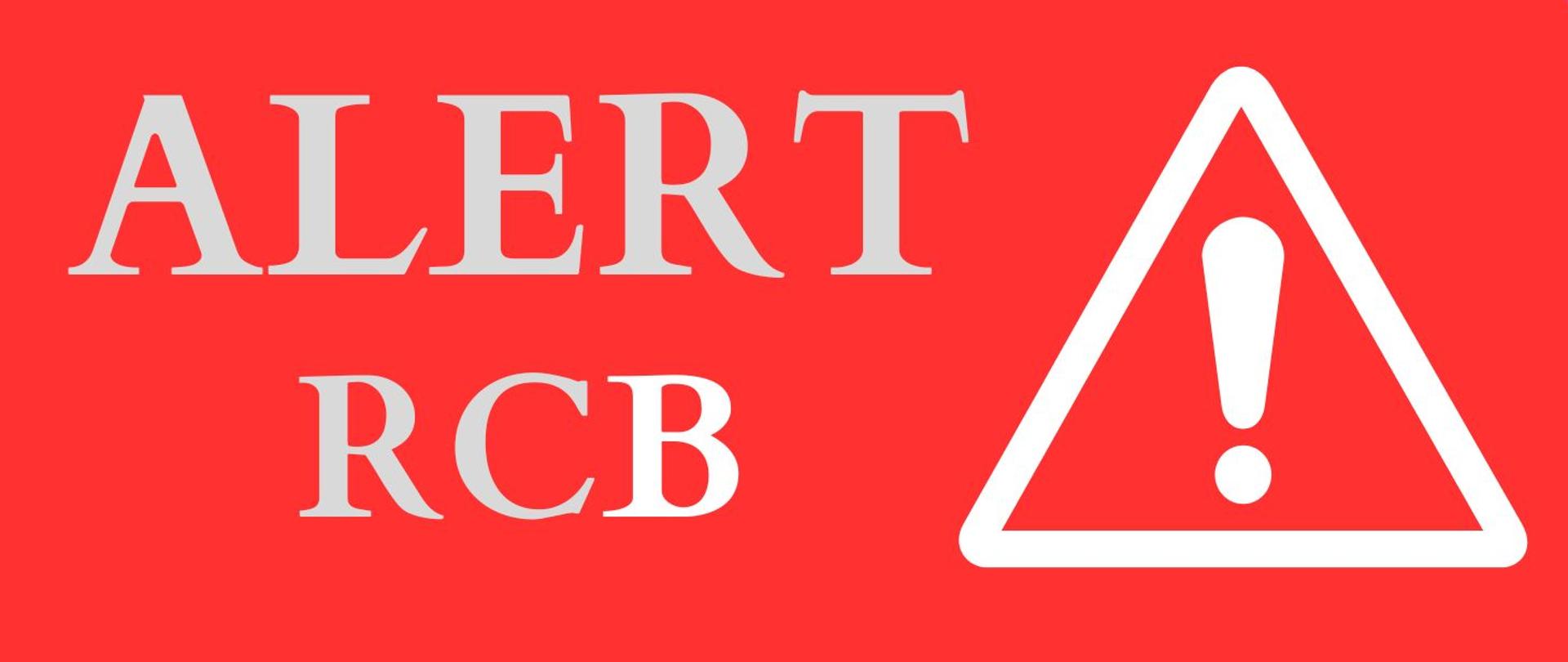 plakat w kolorze czerwonym, po lewej stronie drukowanymi szarymi literami słowo alert rcb, po prawej stronie grafika biały trójkąt w środku z wykrzyknikiem