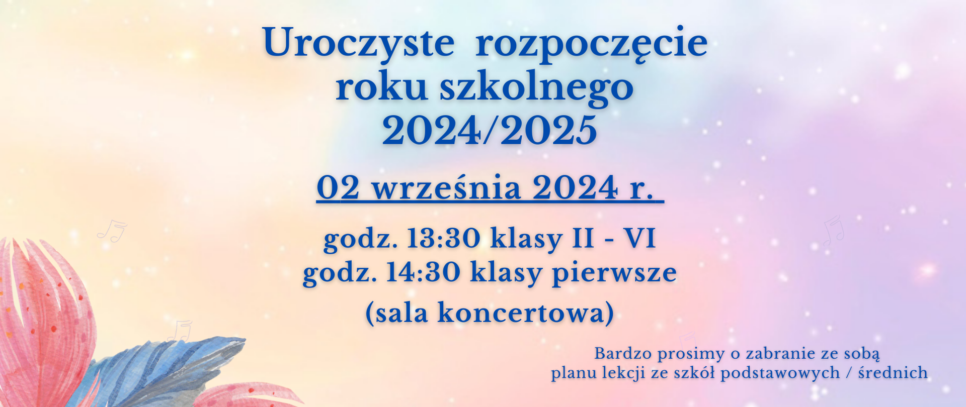 Napis na kolorowym tle: uroczyste rozpoczęcie roku szkolnego