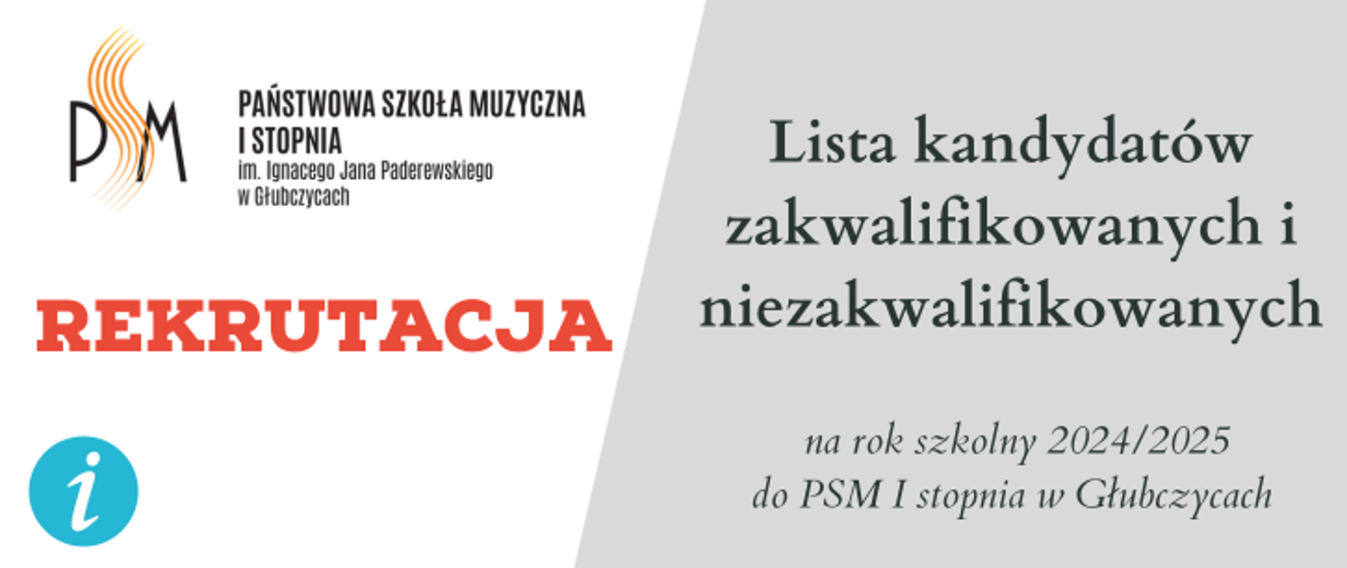 Lista kandydatów zakwalifikowanych i niezakwalifikowanych na rok szkolny 2024/2025 Baner z tekstem Rekrutacja