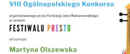 Dyplom laureata otrzymała Martyna Olszewska w ósmym Ogólnopolskim Konkursie FESTIWALU PRESTO dnia trzydziestego pierwszego maja dwa tysiące dwudziestego czwartego roku w formie online.