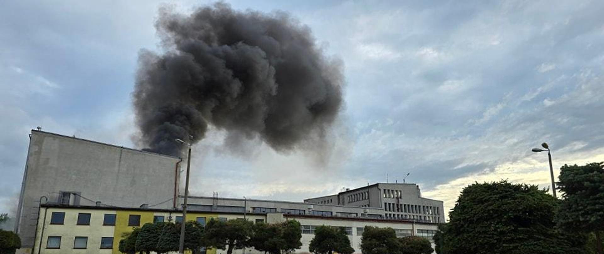 Na zdjęciu widać budynek produkcyjny. Z dachu budynku wydobywa się czarny dym.