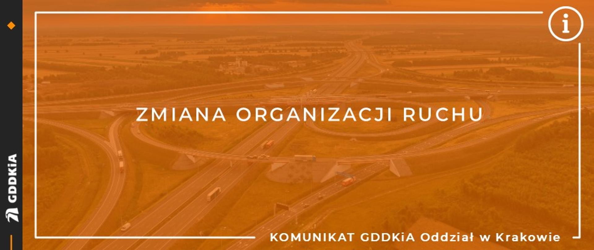 Pomarańczowa grafika z napisem "Zmiana organizacji ruchu"