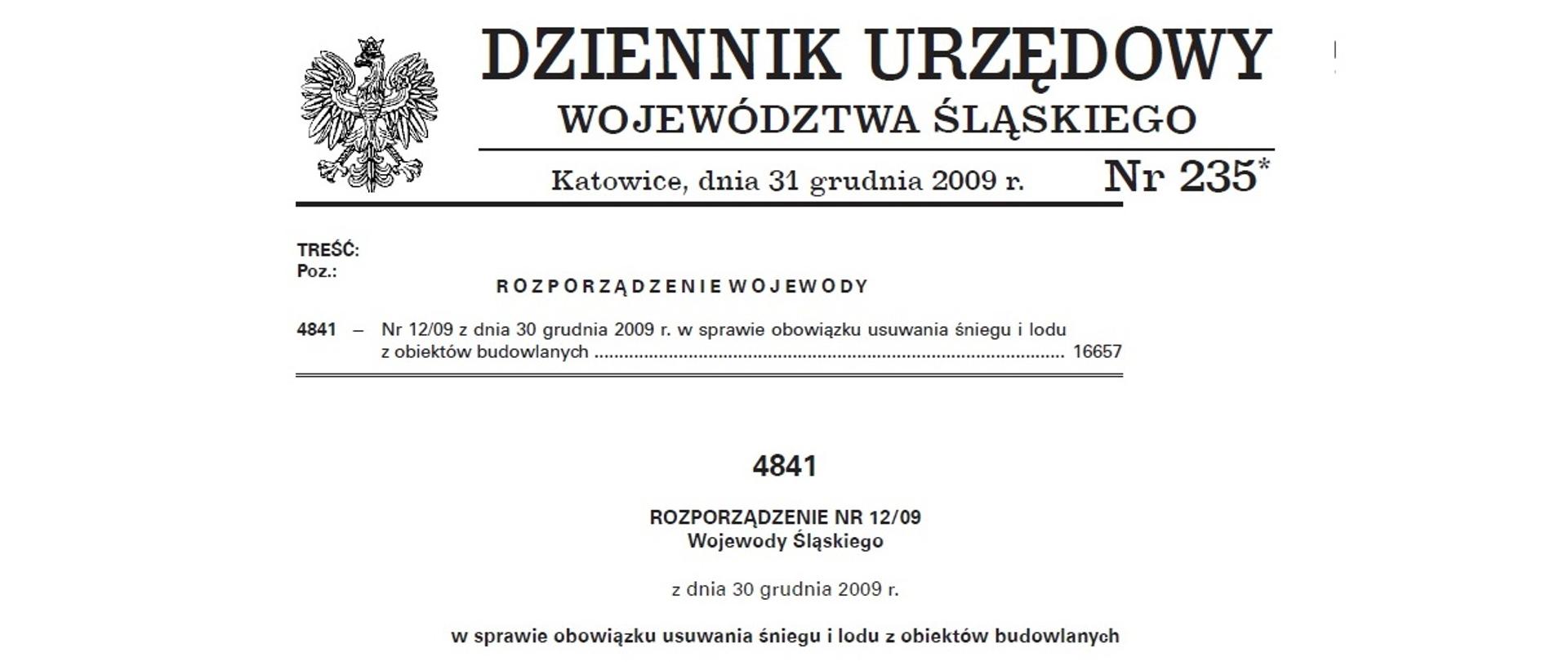 Zdjęcie przedstawia fragment dziennika urzędowego województwa śląskiego - rozporządzenie w sprawie obowiązku usuwania śniegu i lodu z obiektów budowlanych