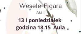 na białym tle roślinne motywy na górze brązowe napisy informujące o wykonawcach, dacie i miejscu wydarzenia, na dole obrazek przedstawiający parę młodą