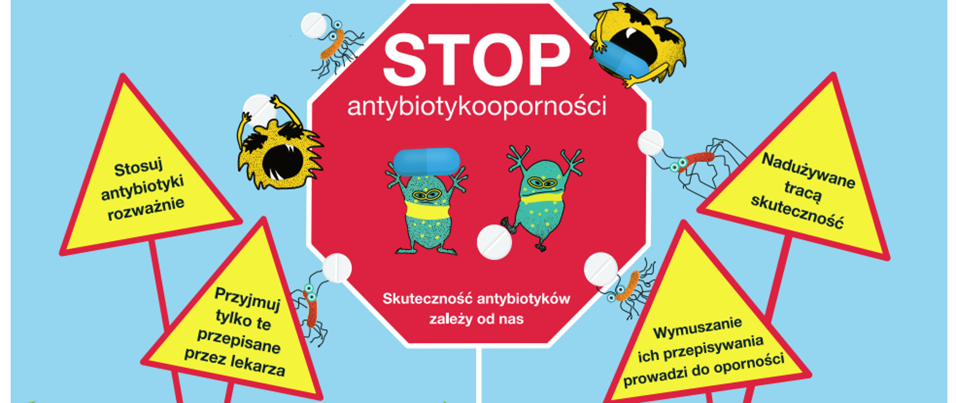 na niebieski tle bakterie i napis Stop antybiotykooporności