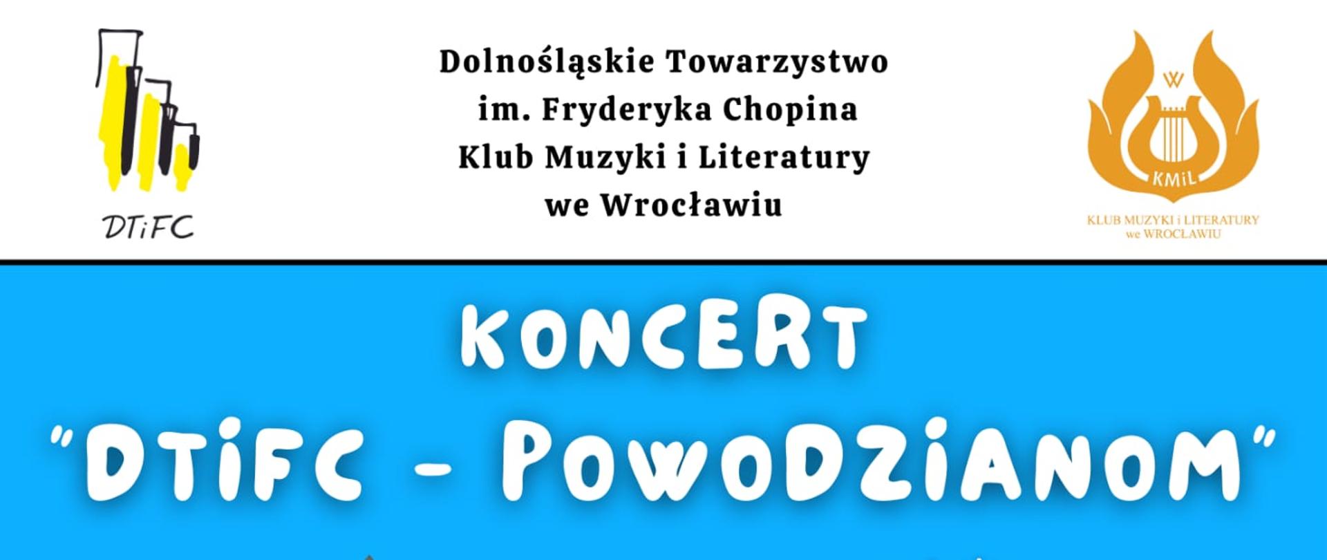 Koncert "DTiFC - powodzianom" - plakat z obrazkiem wielkiej wody na niebieskim tle