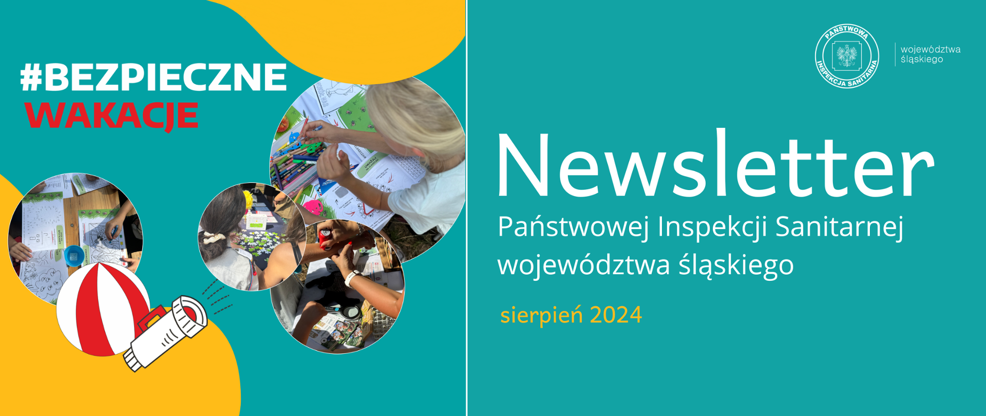 Banner #Bezpieczne Wakacje, po lewej stronie napis Newsletter Państwowej Inspekcji Sanitarnej za sierpień 2024 