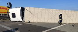 Zdjęcie przedstawia przewrócony samochód ciężarowy wraz z naczepą na jezdnię Autostrady A2. Na zdjęciu widać również strażaka.