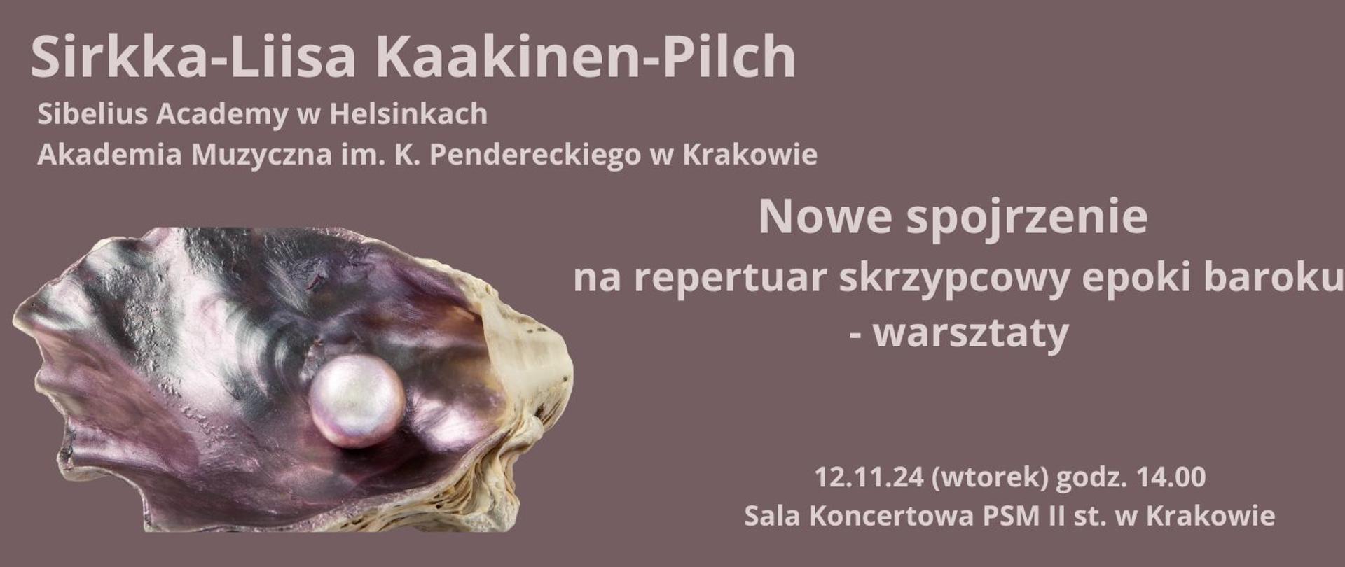 Warsztaty skrzypcowe 12.11.2024 godz.14.00 plakat z muszlą i perłą