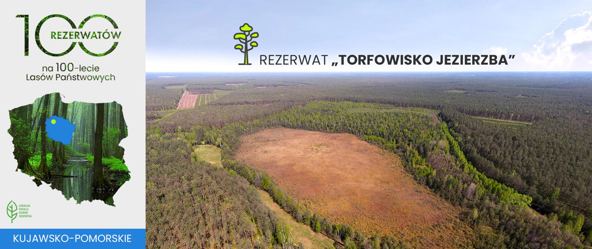 Rezerwat Torfowisko Jezierzba. Widok z góry na rezerwat. Na horyzoncie rozpozciera się las, po środku zdjęcia widać polanę leśną.