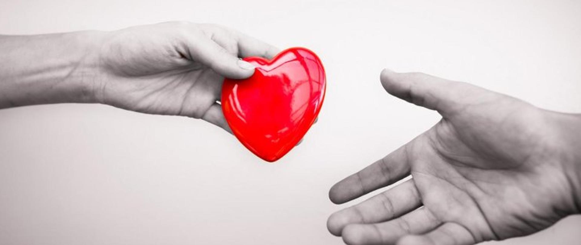 Dwie ręce podają sobie czerwony przedmiot w kształcie serca.