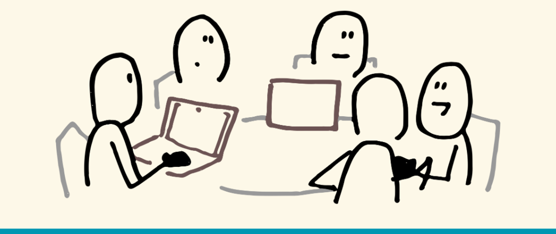 na jasno-beżowym tle u góry czarny napis, a pod nim grafika przedstawiająca rysy siedzących osób przy okrągłym stole, niektórzy przed laptopami. Poniżej na niebieskim tle białe napisy, w lewym dolnym rogu białe logo szkoły