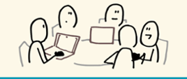 na jasno-beżowym tle grafika przedstawiająca rysy siedzących osób przy okrągłym stole, niektórzy przed laptopami. 
