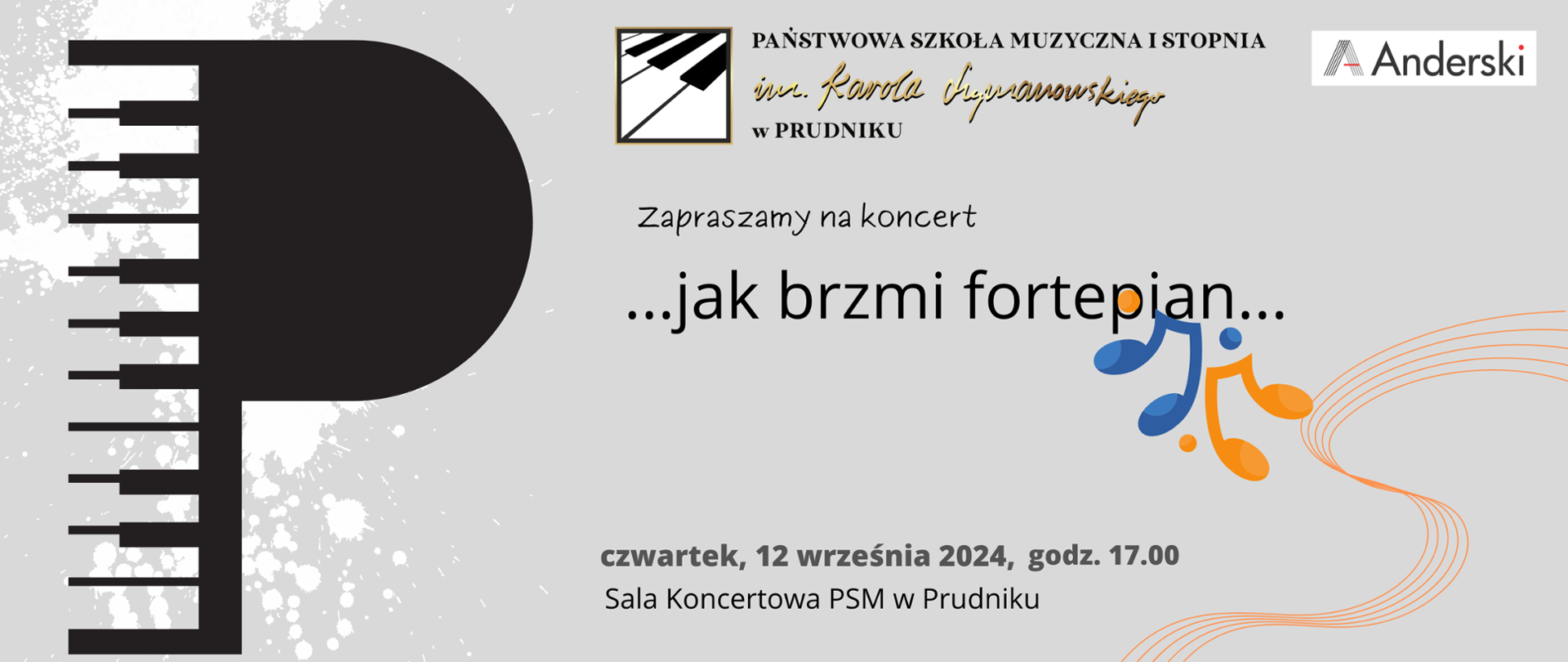 Baner z zaproszeniem na koncert. Na szarym tle informacja o koncercie, z lewej strony ikonografia klawiatury fortepianu. Po prawej stronie kolorowe nutki.