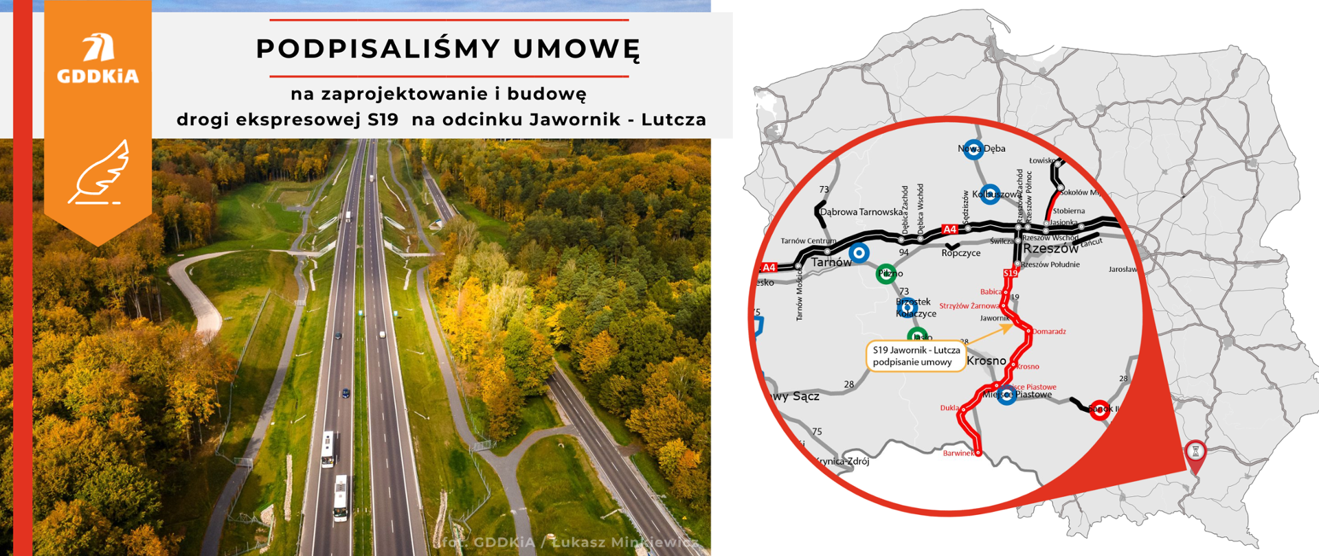 Infografika z mapą przedstawiającą lokalizację inwestycji S19 Jawornik - Lutcza