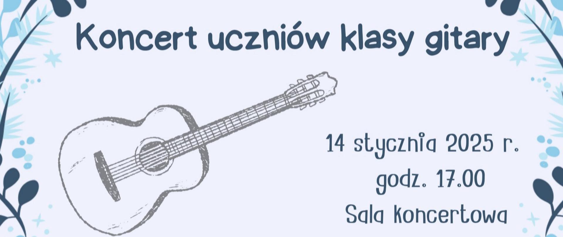 plakat z grafiką przedstawiającą gitarę. U góry nazwa imprezy. W prawym dolnym rogu. data i miejsce wydarzenia.