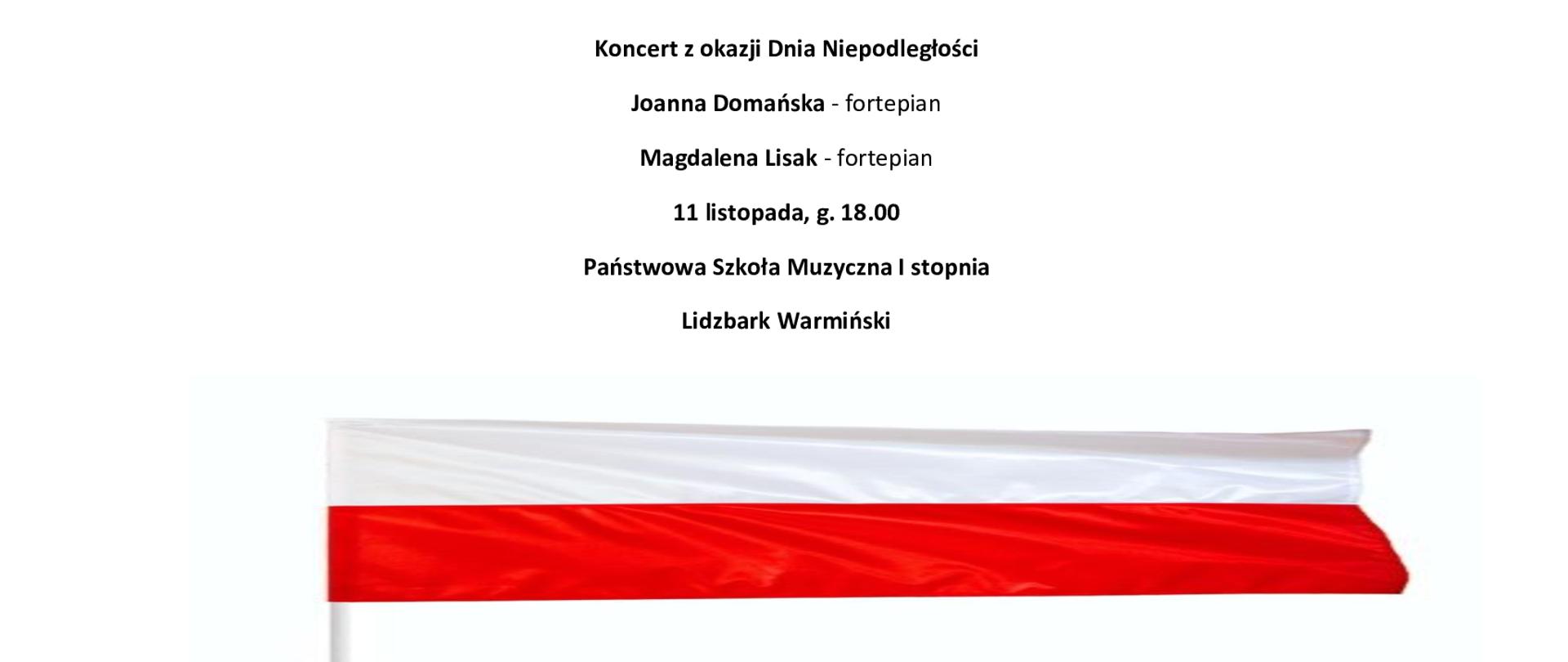 Informacja dotycząca Koncertu z okazji Dnia Niepodległości: 11 listopada 2024 godz. 18.00 Sala Koncertowa. Pod spodem grafika biało-czerwonej flagi