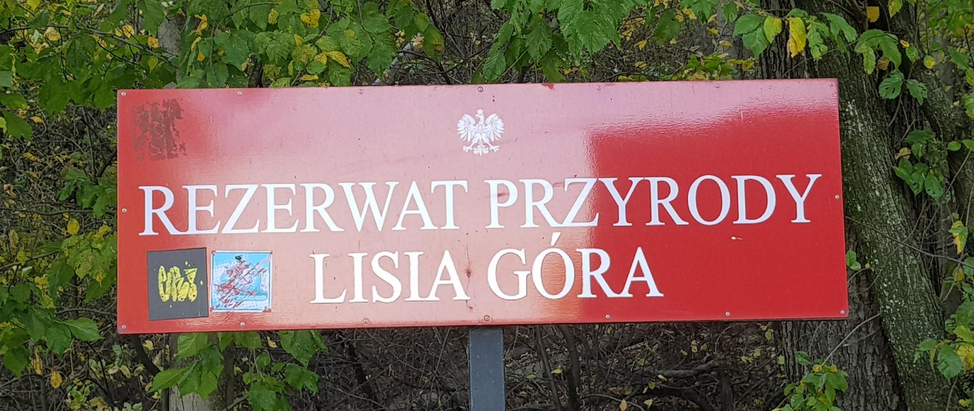 Czerwona tablica na tle zieleni, z napisem: rezerwat przyrody Lisia Góra